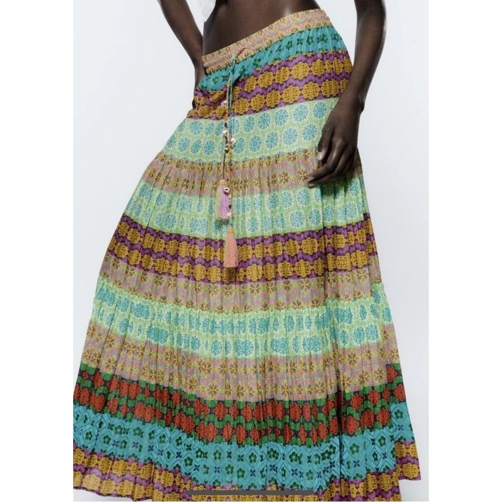 ZARA Floral Print Long Maxi Ruffle Tier Boho Festival Cotton Skirt Maximalist M